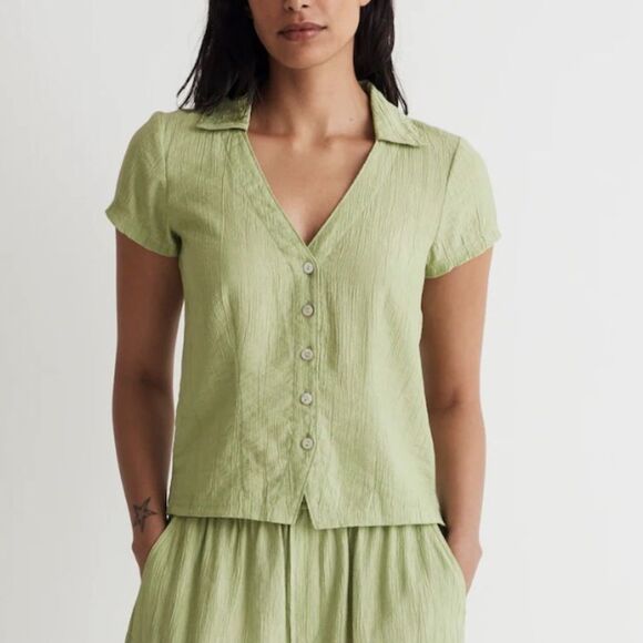 Madewell Green Plisse Short Sleeve Button Down Shirt Small - Picture 1 of 8